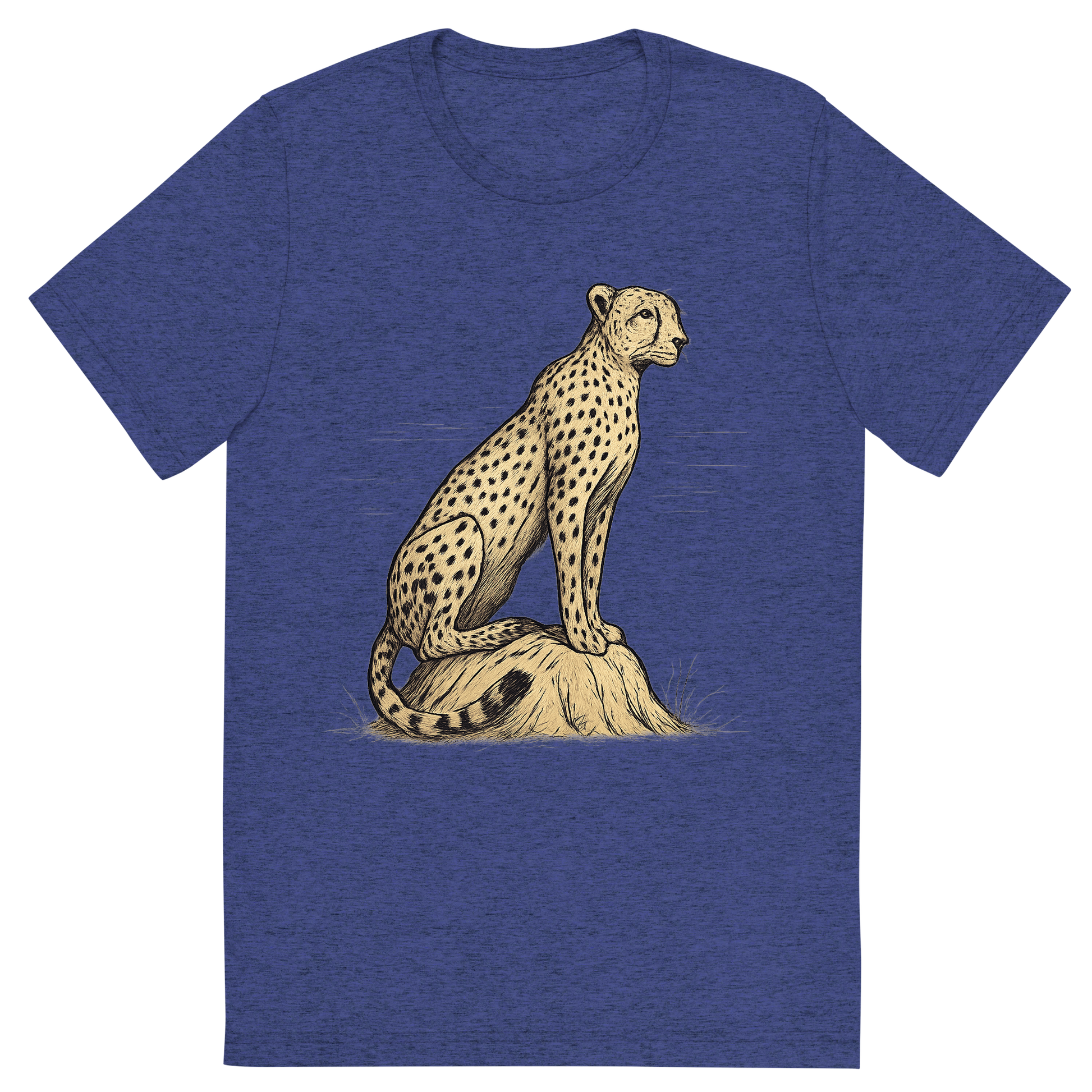 Front view of a Premium Tri-Blend Crew Neck T-Shirt in Navy showing 'A hand-drawn ink with color pops, focused graphic of a sleek cheetah perched atop a termite mound, scanning the horizon with alert eyes, illustrated in hand-drawn ink with soft tan and black details, centered composition, transparent background, optimized for dtg printing'