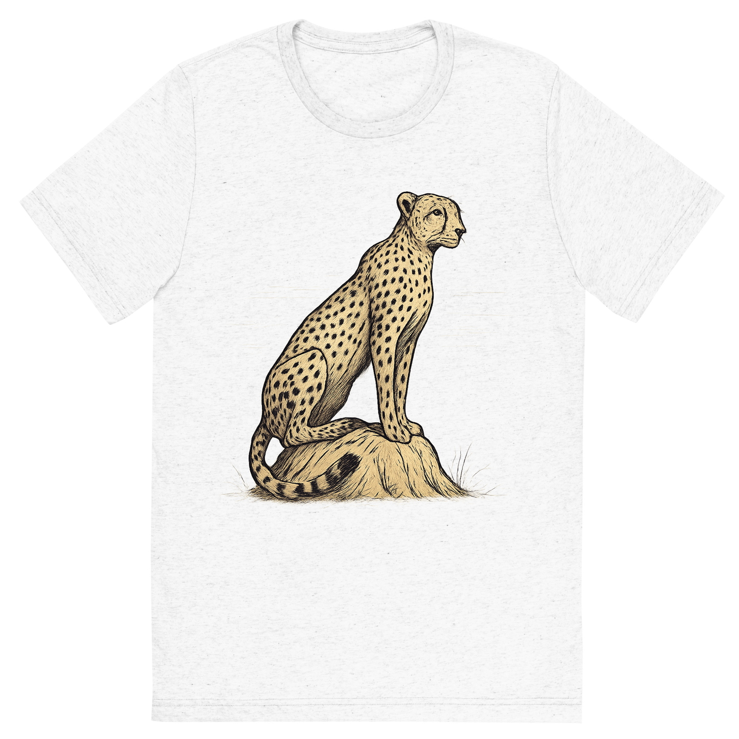 Front view of a Premium Tri-Blend Crew Neck T-Shirt in Solid White showing 'A hand-drawn ink with color pops, focused graphic of a sleek cheetah perched atop a termite mound, scanning the horizon with alert eyes, illustrated in hand-drawn ink with soft tan and black details, centered composition, transparent background, optimized for dtg printing'