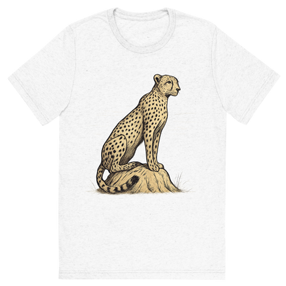 Front view of a Premium Tri-Blend Crew Neck T-Shirt in Solid White showing 'A hand-drawn ink with color pops, focused graphic of a sleek cheetah perched atop a termite mound, scanning the horizon with alert eyes, illustrated in hand-drawn ink with soft tan and black details, centered composition, transparent background, optimized for dtg printing'
