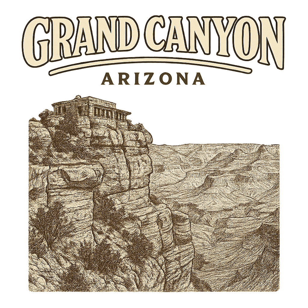 A typographic, nostalgic graphic of a typographic illustration of the words 'grand canyon, arizona' with a vintage line art drawing of the south rim lookout – a t-shirt design