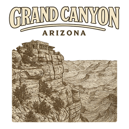 A typographic, nostalgic graphic of a typographic illustration of the words 'grand canyon, arizona' with a vintage line art drawing of the south rim lookout – a t-shirt design