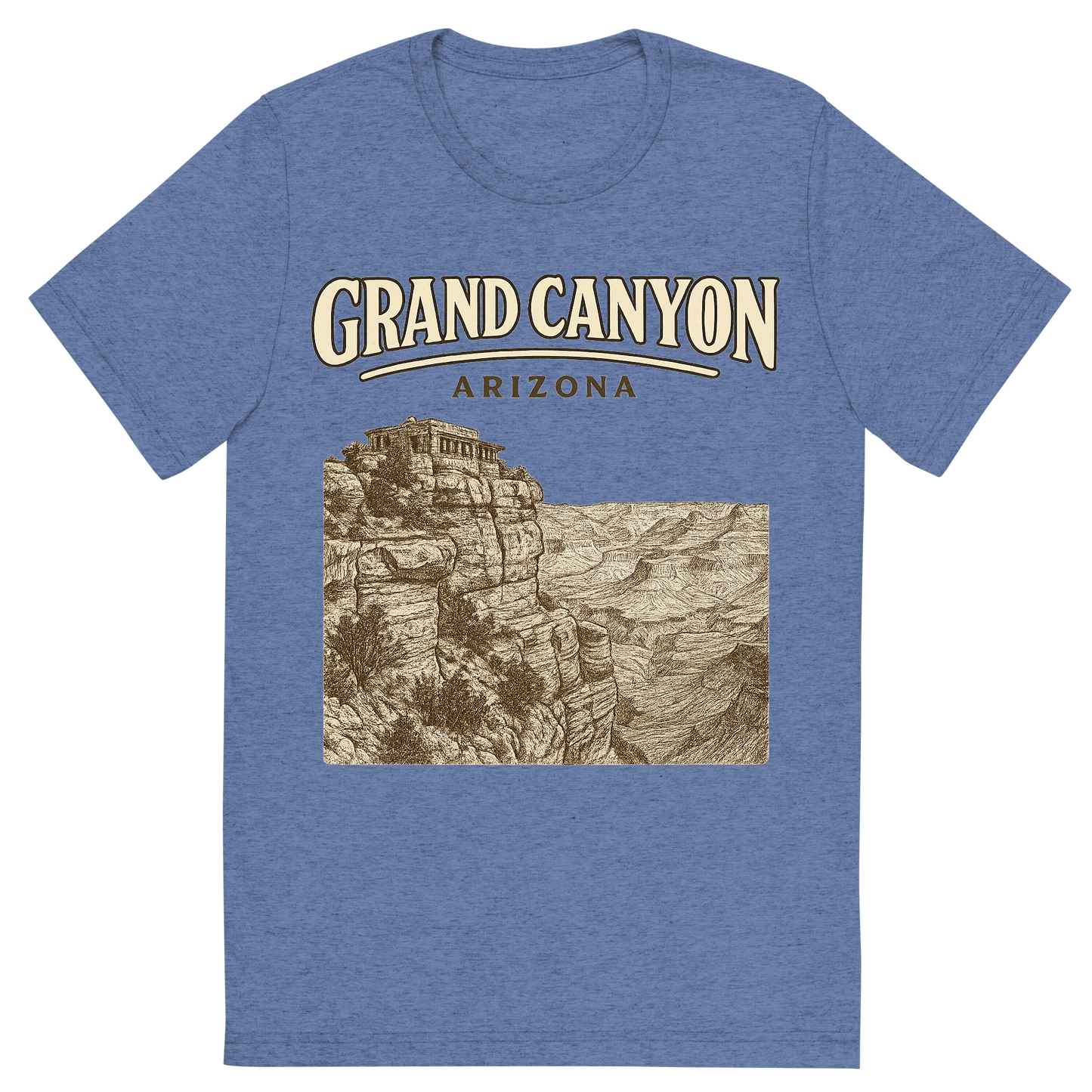 Front view of a Premium Tri-Blend Crew Neck T-Shirt in Blue showing 'A typographic, nostalgic graphic of a typographic illustration of the words 'grand canyon, arizona' with a vintage line art drawing of the south rim lookout'