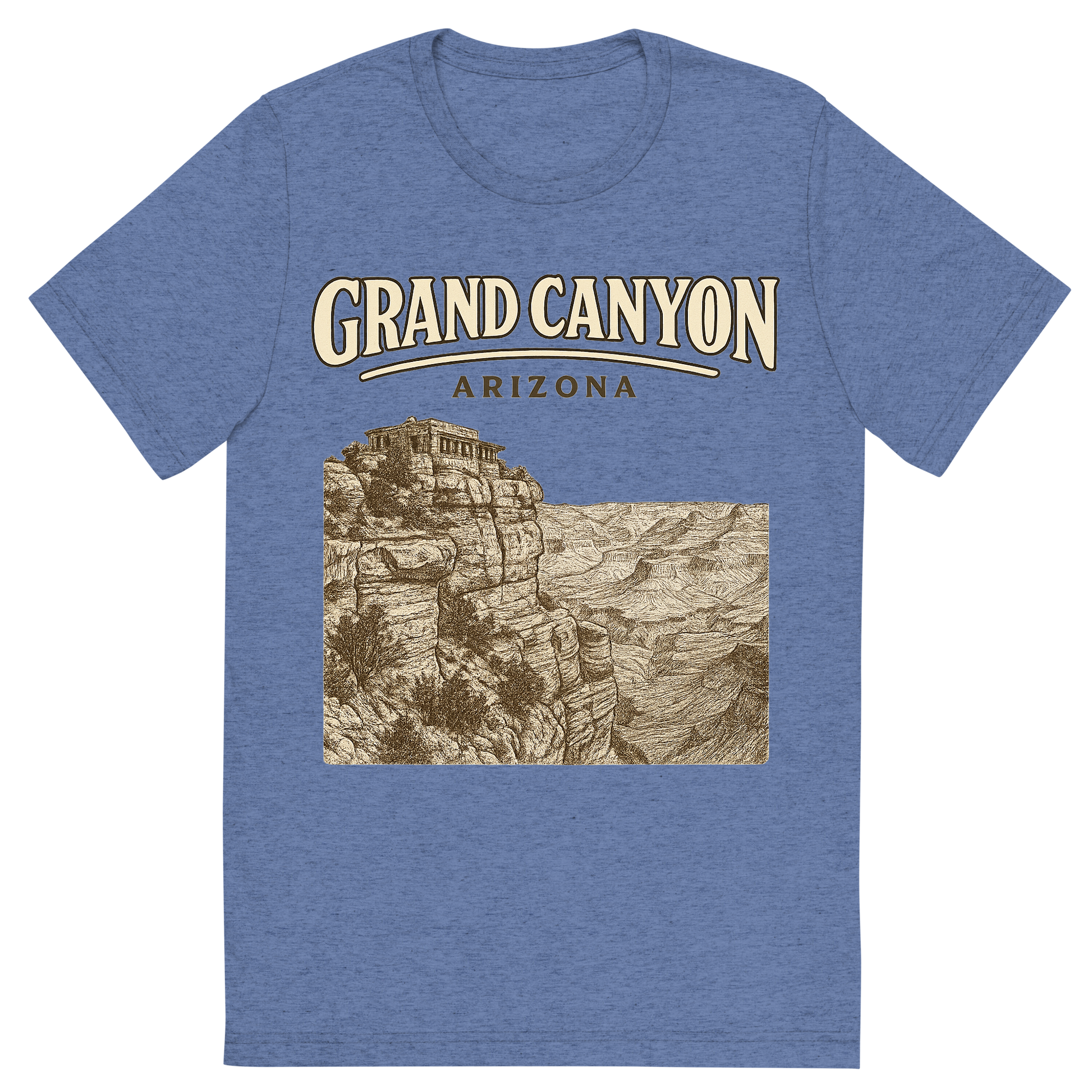 Front view of a Premium Tri-Blend Crew Neck T-Shirt in Blue showing 'A typographic, nostalgic graphic of a typographic illustration of the words 'grand canyon, arizona' with a vintage line art drawing of the south rim lookout'