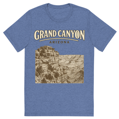 Front view of a Premium Tri-Blend Crew Neck T-Shirt in Blue showing 'A typographic, nostalgic graphic of a typographic illustration of the words 'grand canyon, arizona' with a vintage line art drawing of the south rim lookout'