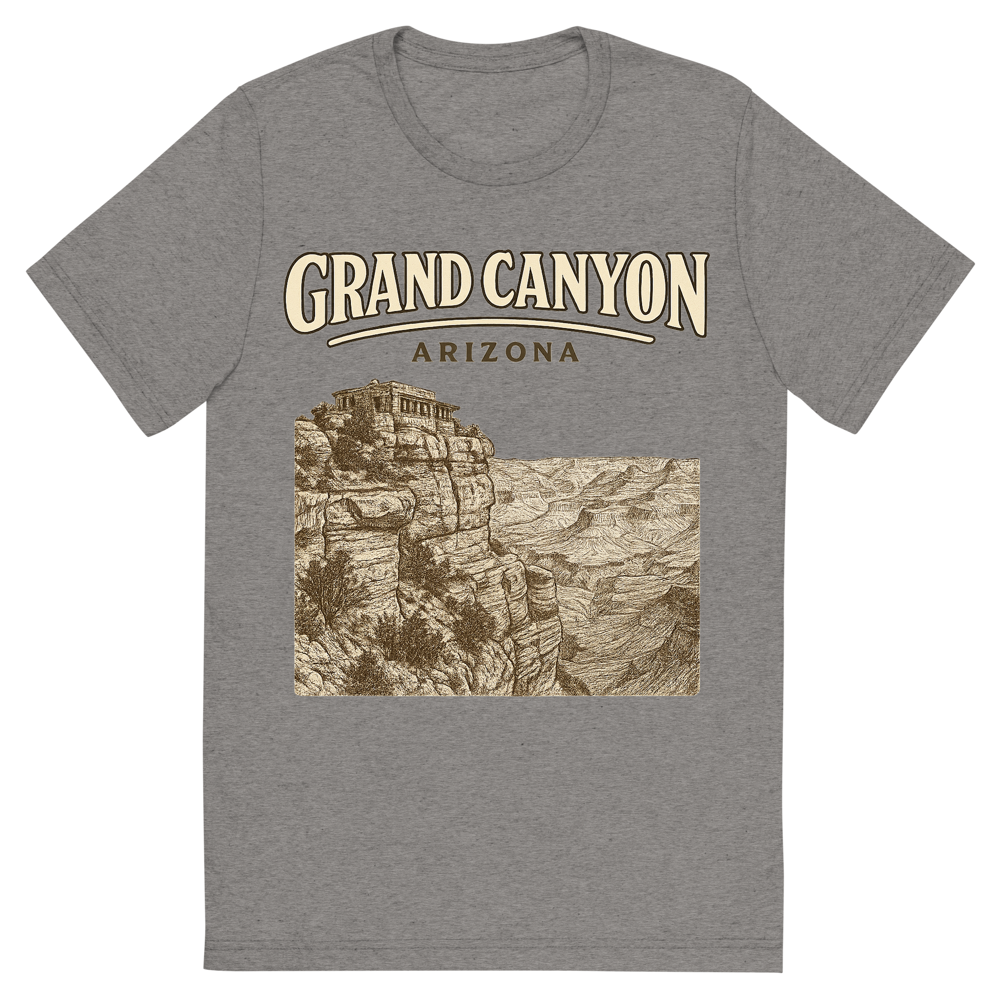 Front view of a Premium Tri-Blend Crew Neck T-Shirt in Grey showing 'A typographic, nostalgic graphic of a typographic illustration of the words 'grand canyon, arizona' with a vintage line art drawing of the south rim lookout'