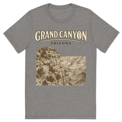 Front view of a Premium Tri-Blend Crew Neck T-Shirt in Grey showing 'A typographic, nostalgic graphic of a typographic illustration of the words 'grand canyon, arizona' with a vintage line art drawing of the south rim lookout'