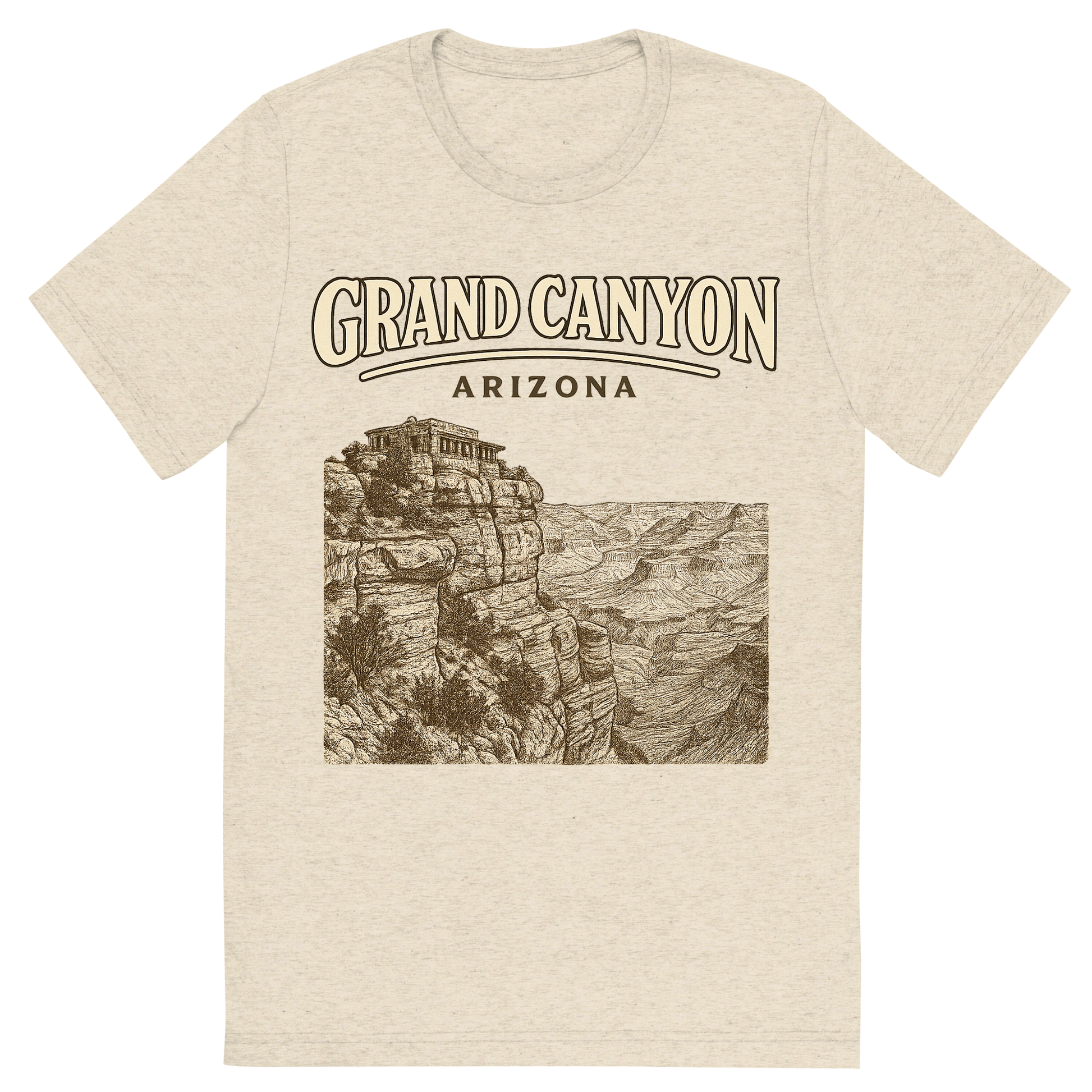 Front view of a Premium Tri-Blend Crew Neck T-Shirt in Oatmeal showing 'A typographic, nostalgic graphic of a typographic illustration of the words 'grand canyon, arizona' with a vintage line art drawing of the south rim lookout'