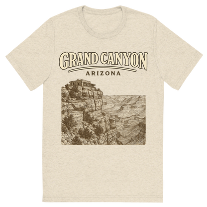 Front view of a Premium Tri-Blend Crew Neck T-Shirt in Oatmeal showing 'A typographic, nostalgic graphic of a typographic illustration of the words 'grand canyon, arizona' with a vintage line art drawing of the south rim lookout'