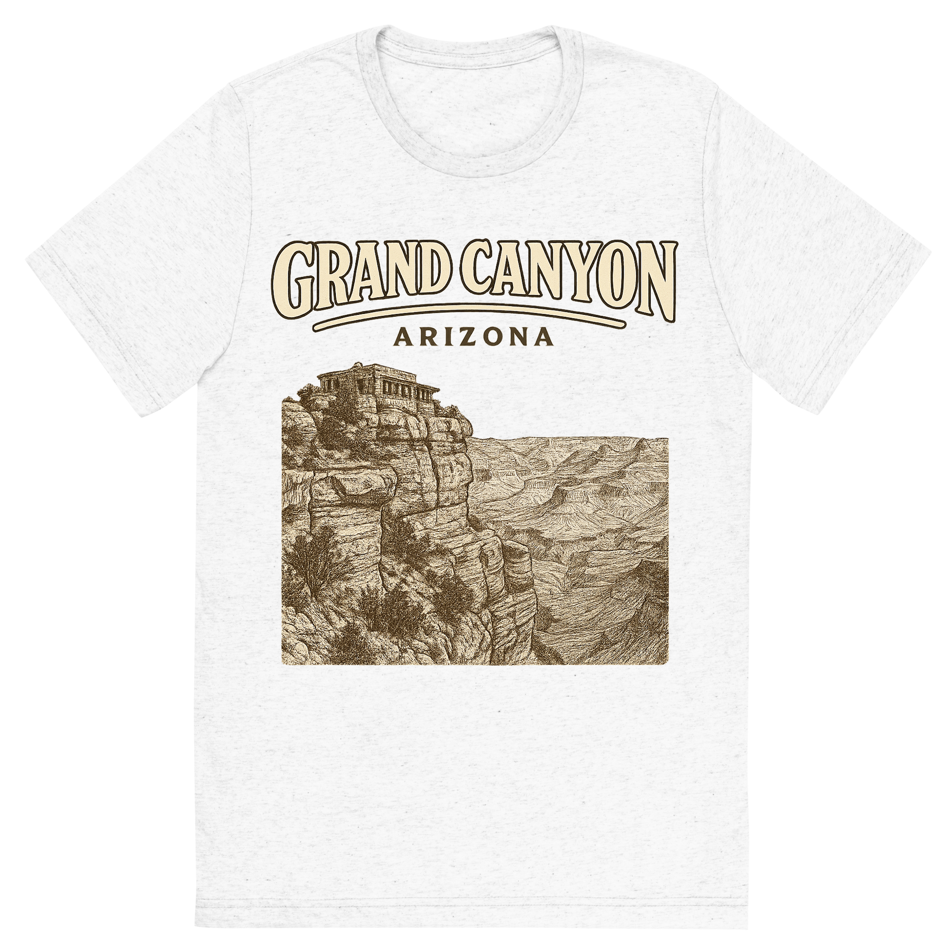 Front view of a Premium Tri-Blend Crew Neck T-Shirt in Solid White showing 'A typographic, nostalgic graphic of a typographic illustration of the words 'grand canyon, arizona' with a vintage line art drawing of the south rim lookout'