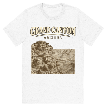 Front view of a Premium Tri-Blend Crew Neck T-Shirt in Solid White showing 'A typographic, nostalgic graphic of a typographic illustration of the words 'grand canyon, arizona' with a vintage line art drawing of the south rim lookout'