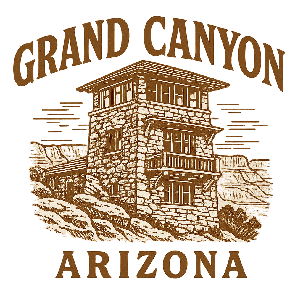 A typographic, nostalgic graphic of a typographic illustration of the words 'grand canyon, arizona' with a vintage line art drawing of the south rim lookout – a t-shirt design