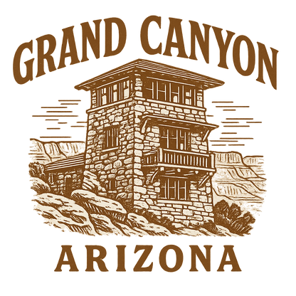 A typographic, nostalgic graphic of a typographic illustration of the words 'grand canyon, arizona' with a vintage line art drawing of the south rim lookout – a t-shirt design
