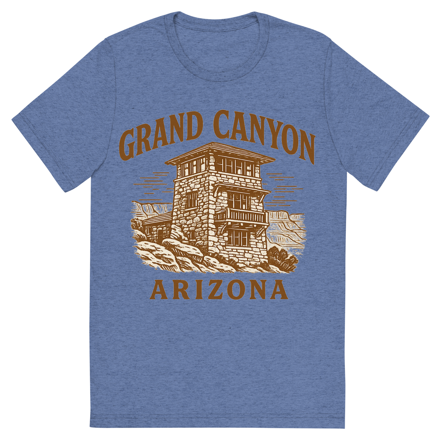 Front view of a Premium Tri-Blend Crew Neck T-Shirt in Blue showing 'A typographic, nostalgic graphic of a typographic illustration of the words 'grand canyon, arizona' with a vintage line art drawing of the south rim lookout'