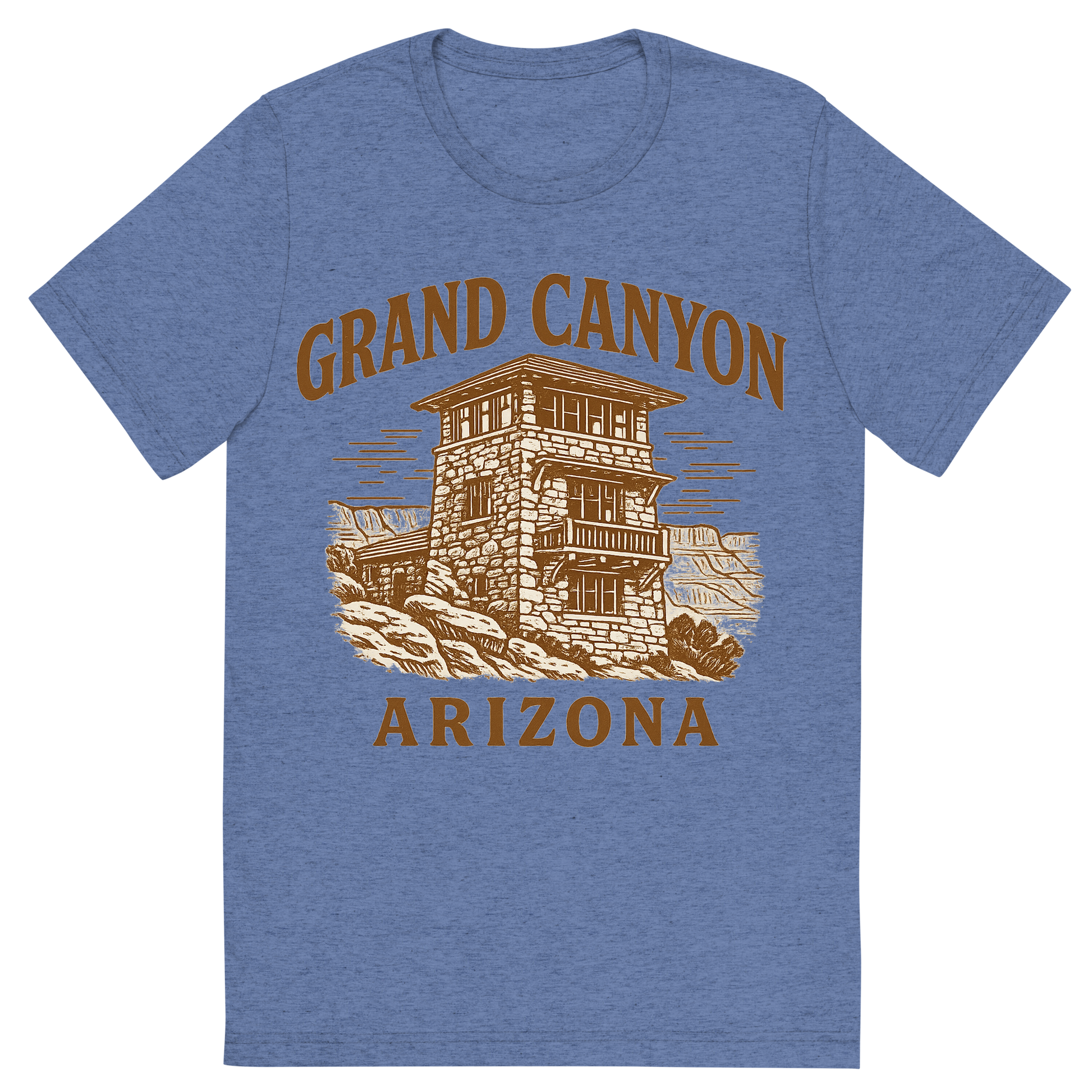 Front view of a Premium Tri-Blend Crew Neck T-Shirt in Blue showing 'A typographic, nostalgic graphic of a typographic illustration of the words 'grand canyon, arizona' with a vintage line art drawing of the south rim lookout'