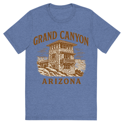 Front view of a Premium Tri-Blend Crew Neck T-Shirt in Blue showing 'A typographic, nostalgic graphic of a typographic illustration of the words 'grand canyon, arizona' with a vintage line art drawing of the south rim lookout'
