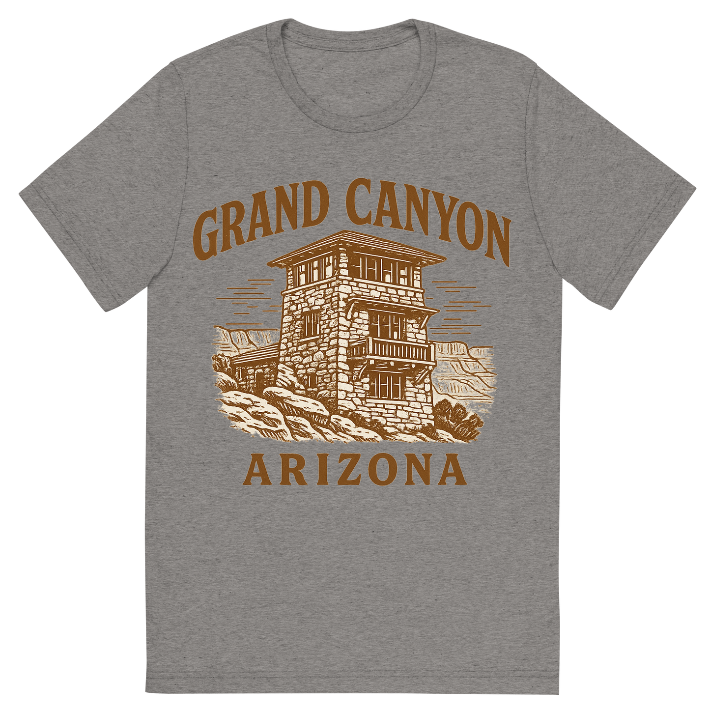 Front view of a Premium Tri-Blend Crew Neck T-Shirt in Grey showing 'A typographic, nostalgic graphic of a typographic illustration of the words 'grand canyon, arizona' with a vintage line art drawing of the south rim lookout'