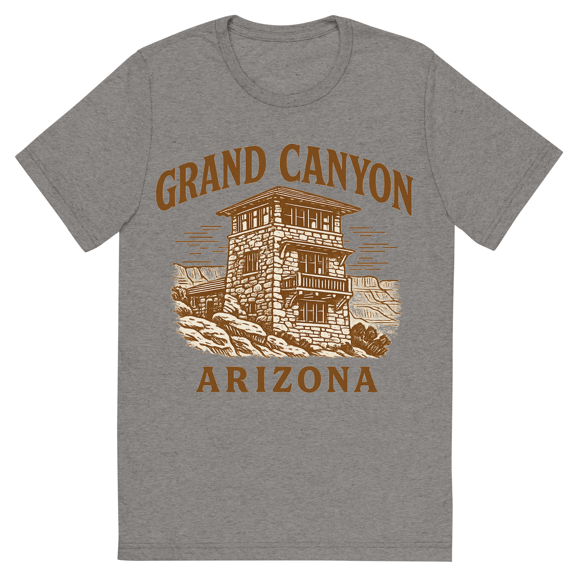 Front view of a Premium Tri-Blend Crew Neck T-Shirt in Grey showing 'A typographic, nostalgic graphic of a typographic illustration of the words 'grand canyon, arizona' with a vintage line art drawing of the south rim lookout'