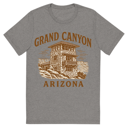 Front view of a Premium Tri-Blend Crew Neck T-Shirt in Grey showing 'A typographic, nostalgic graphic of a typographic illustration of the words 'grand canyon, arizona' with a vintage line art drawing of the south rim lookout'