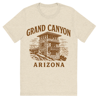 Front view of a Premium Tri-Blend Crew Neck T-Shirt in Oatmeal showing 'A typographic, nostalgic graphic of a typographic illustration of the words 'grand canyon, arizona' with a vintage line art drawing of the south rim lookout'