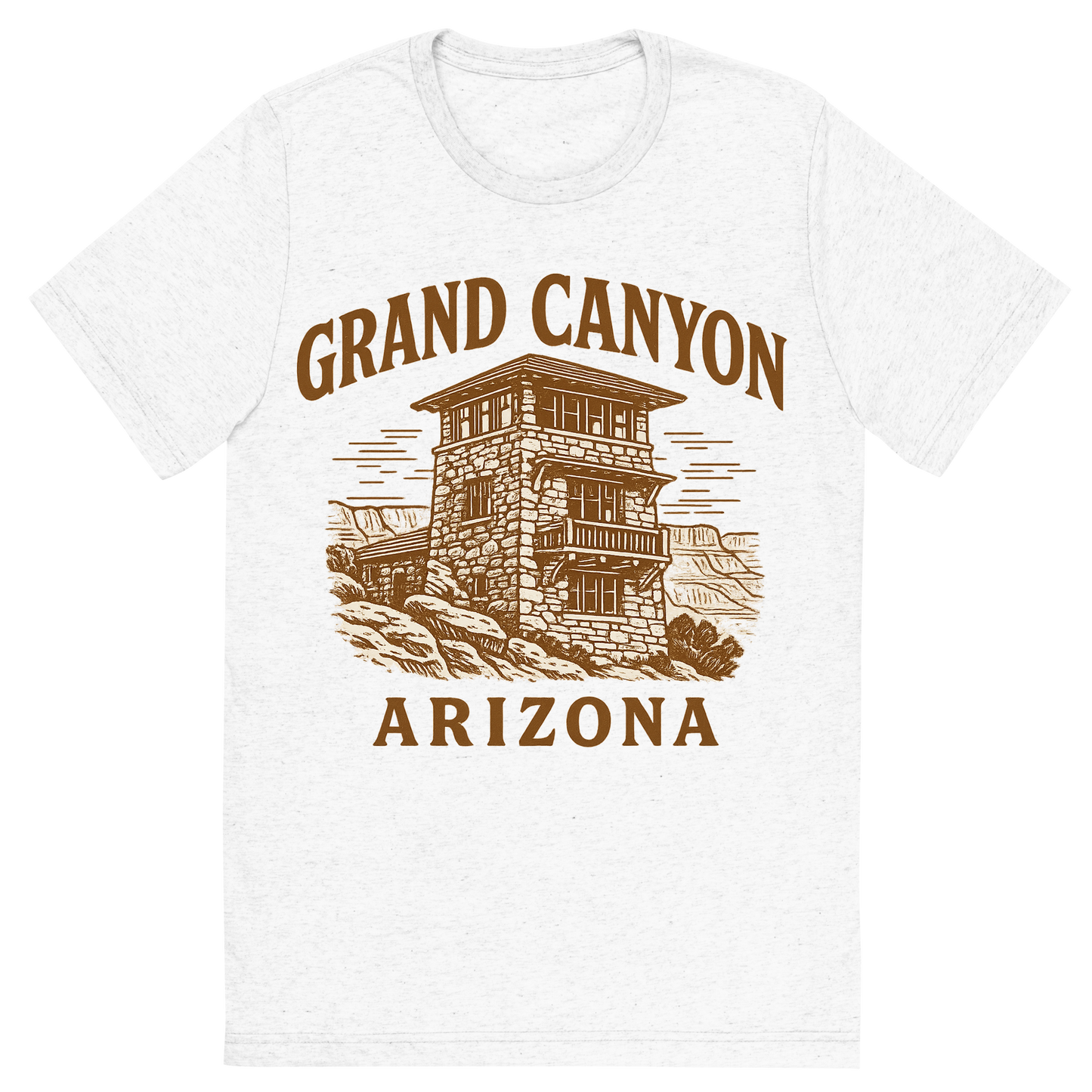 Front view of a Premium Tri-Blend Crew Neck T-Shirt in Solid White showing 'A typographic, nostalgic graphic of a typographic illustration of the words 'grand canyon, arizona' with a vintage line art drawing of the south rim lookout'