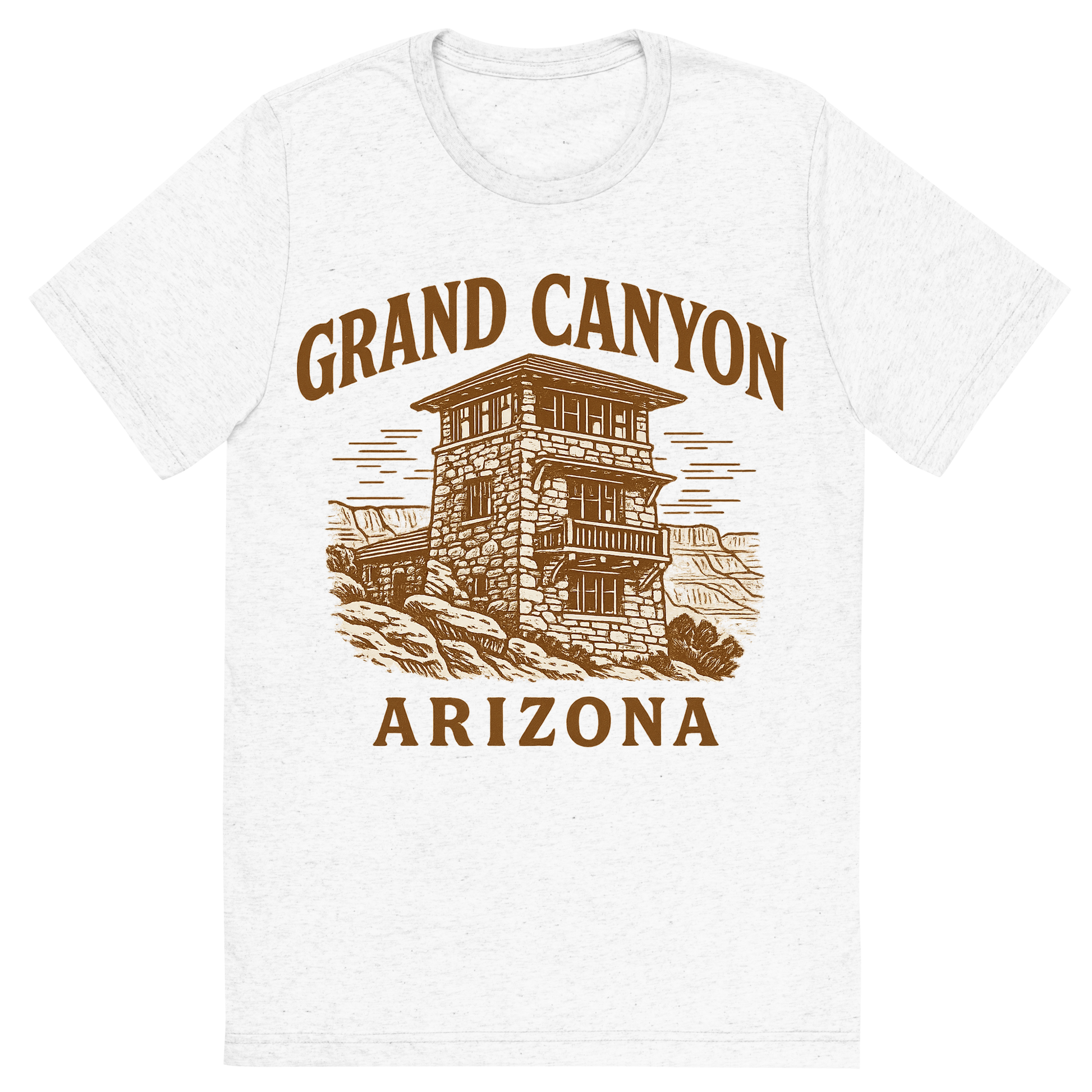 Front view of a Premium Tri-Blend Crew Neck T-Shirt in Solid White showing 'A typographic, nostalgic graphic of a typographic illustration of the words 'grand canyon, arizona' with a vintage line art drawing of the south rim lookout'