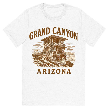 Front view of a Premium Tri-Blend Crew Neck T-Shirt in Solid White showing 'A typographic, nostalgic graphic of a typographic illustration of the words 'grand canyon, arizona' with a vintage line art drawing of the south rim lookout'