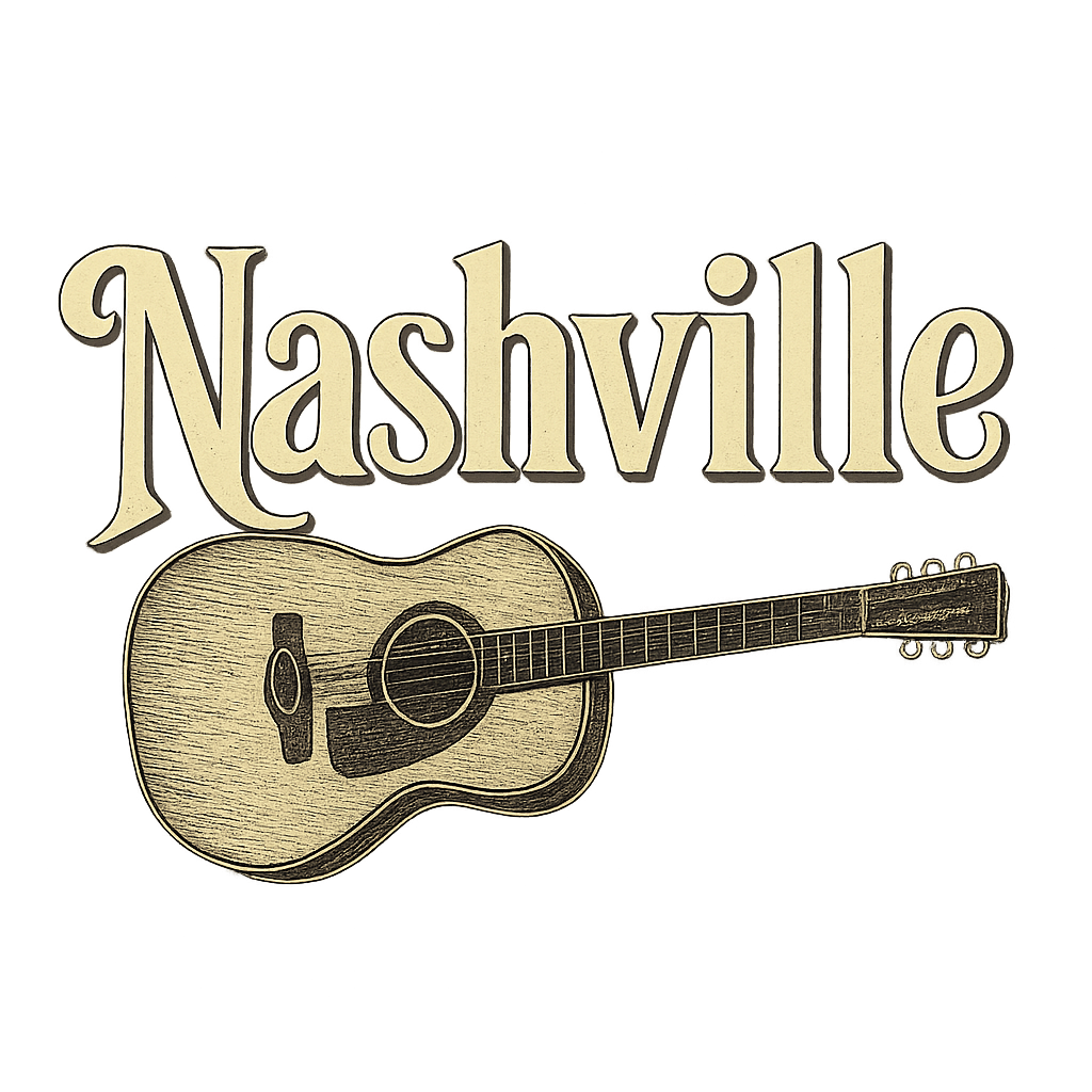 A typographic, nostalgic graphic of a typographic illustration of the words 'nashville' with a vintage line art drawing of a guitar – a t-shirt design