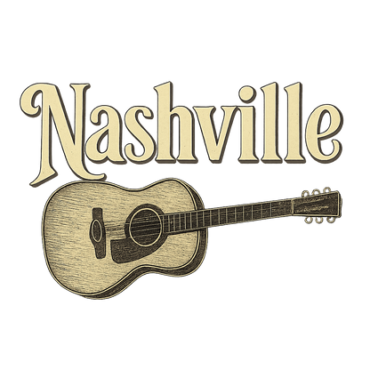 A typographic, nostalgic graphic of a typographic illustration of the words 'nashville' with a vintage line art drawing of a guitar – a t-shirt design