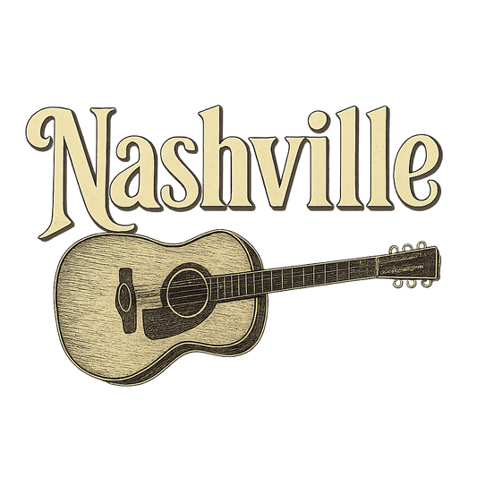 A typographic, nostalgic graphic of a typographic illustration of the words 'nashville' with a vintage line art drawing of a guitar – a t-shirt design