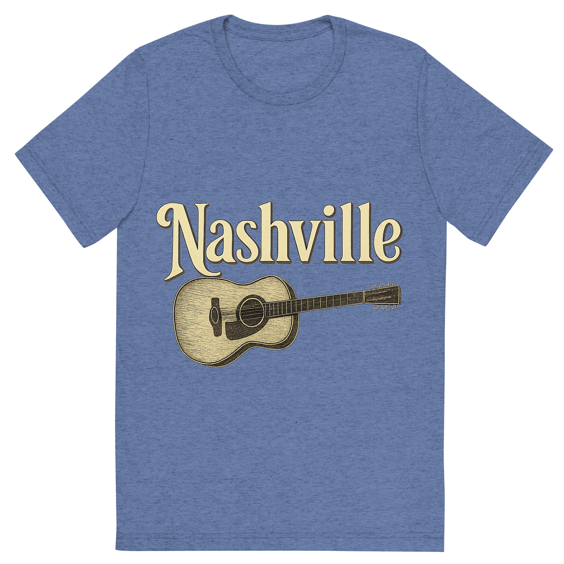 Front view of a Premium Tri-Blend Crew Neck T-Shirt in Blue showing 'A typographic, nostalgic graphic of a typographic illustration of the words 'nashville' with a vintage line art drawing of a guitar'