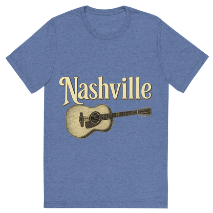 Front view of a Premium Tri-Blend Crew Neck T-Shirt in Blue showing 'A typographic, nostalgic graphic of a typographic illustration of the words 'nashville' with a vintage line art drawing of a guitar'