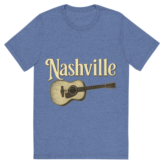 Front view of a Premium Tri-Blend Crew Neck T-Shirt in Blue showing 'A typographic, nostalgic graphic of a typographic illustration of the words 'nashville' with a vintage line art drawing of a guitar'