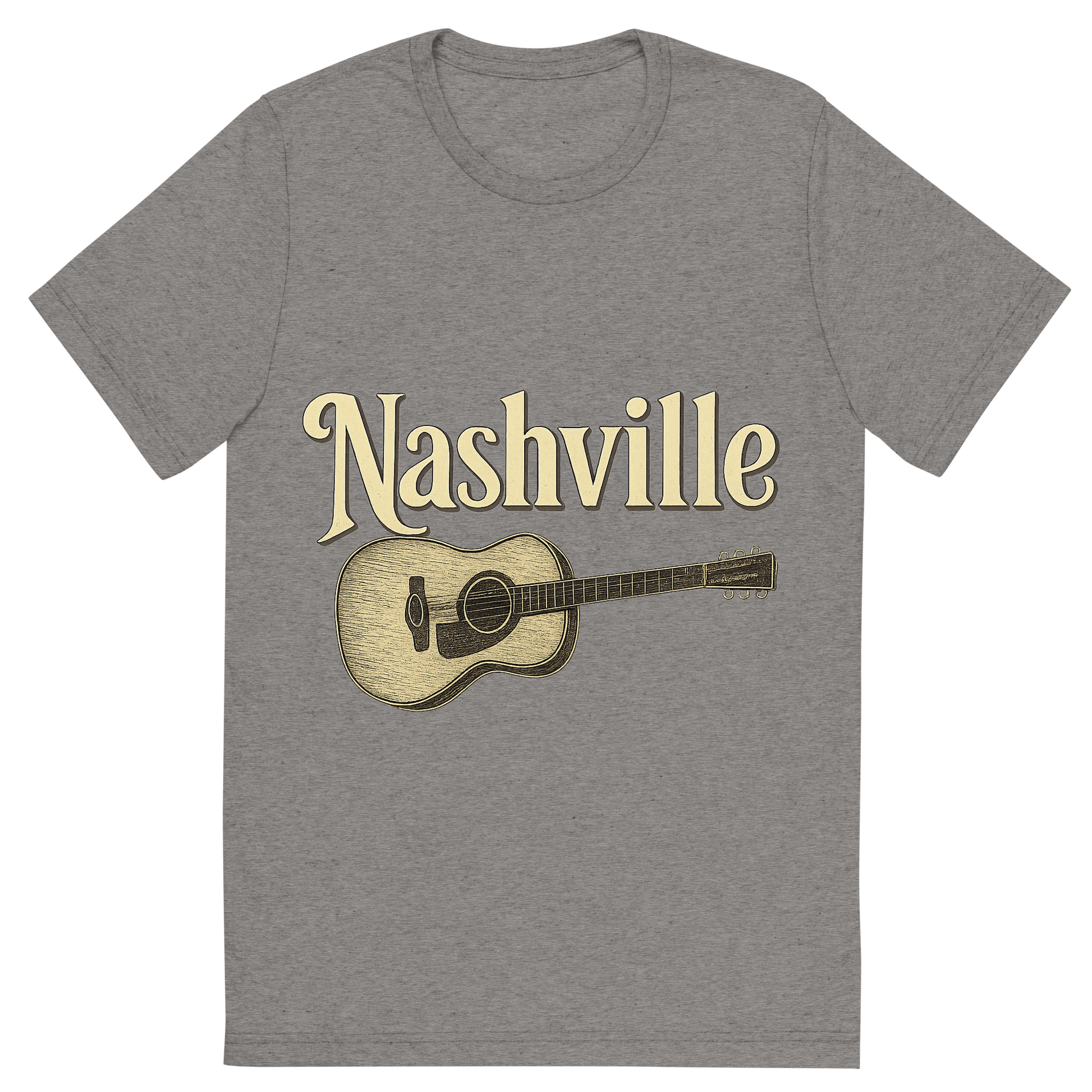Front view of a Premium Tri-Blend Crew Neck T-Shirt in Grey showing 'A typographic, nostalgic graphic of a typographic illustration of the words 'nashville' with a vintage line art drawing of a guitar'