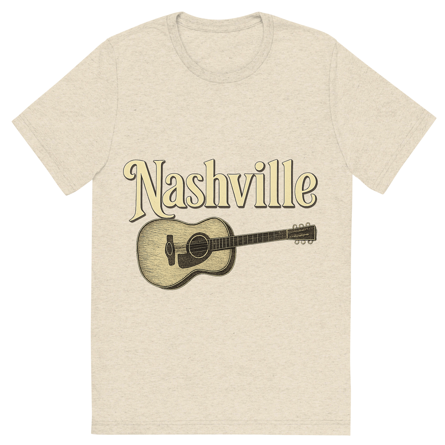 Front view of a Premium Tri-Blend Crew Neck T-Shirt in Oatmeal showing 'A typographic, nostalgic graphic of a typographic illustration of the words 'nashville' with a vintage line art drawing of a guitar'