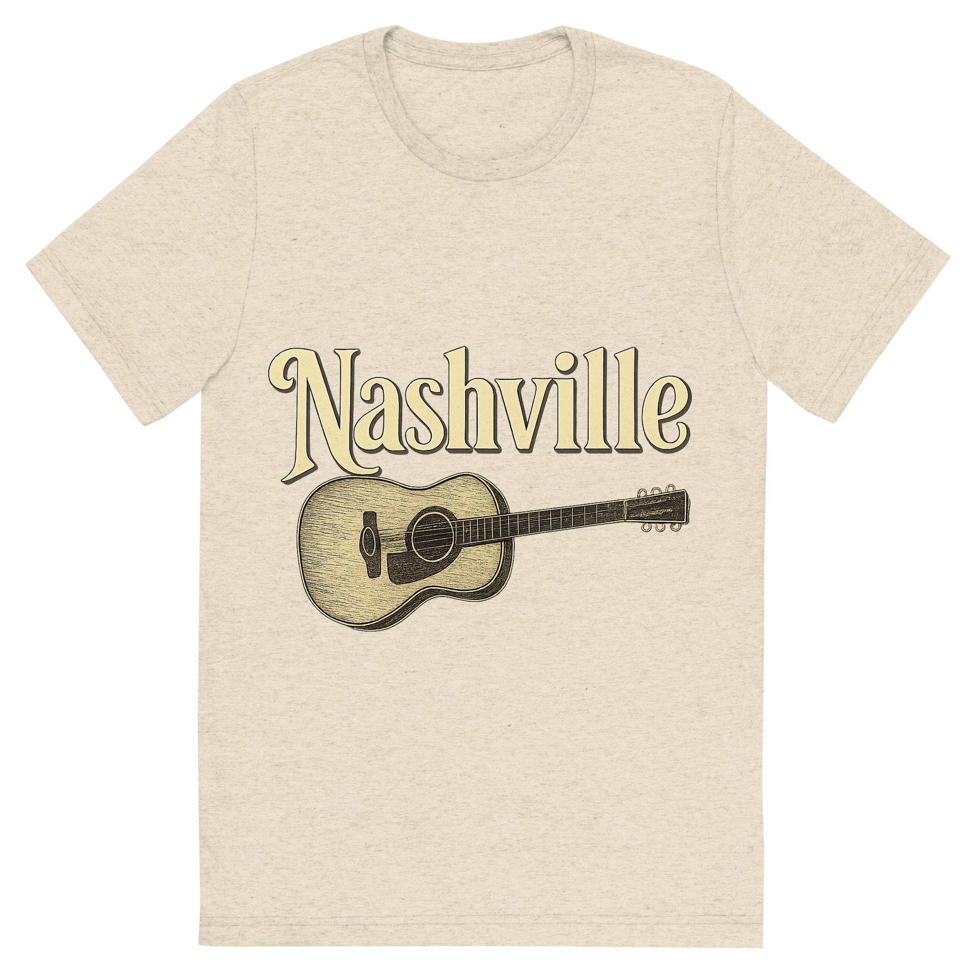 Front view of a Premium Tri-Blend Crew Neck T-Shirt in Oatmeal showing 'A typographic, nostalgic graphic of a typographic illustration of the words 'nashville' with a vintage line art drawing of a guitar'