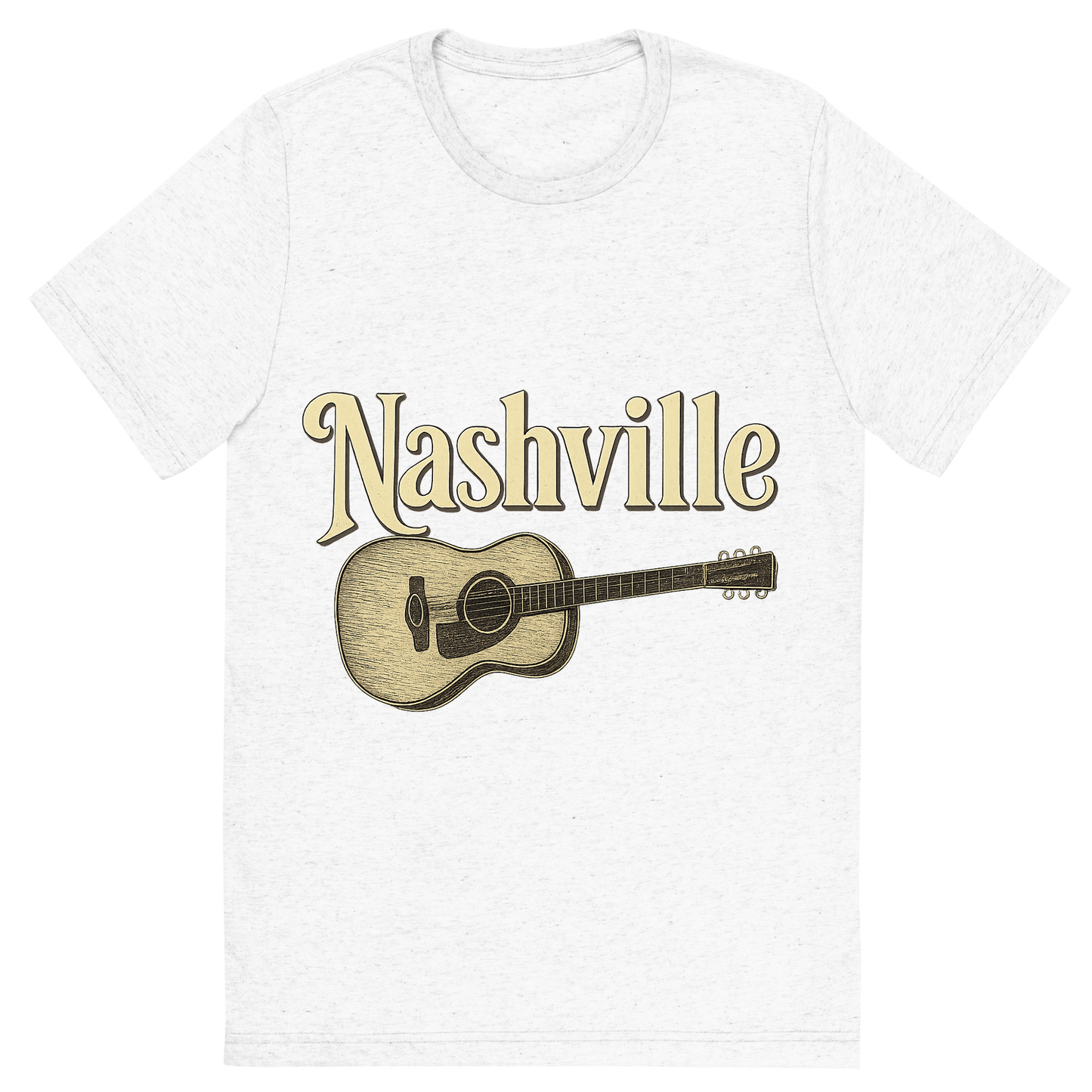 Front view of a Premium Tri-Blend Crew Neck T-Shirt in Solid White showing 'A typographic, nostalgic graphic of a typographic illustration of the words 'nashville' with a vintage line art drawing of a guitar'