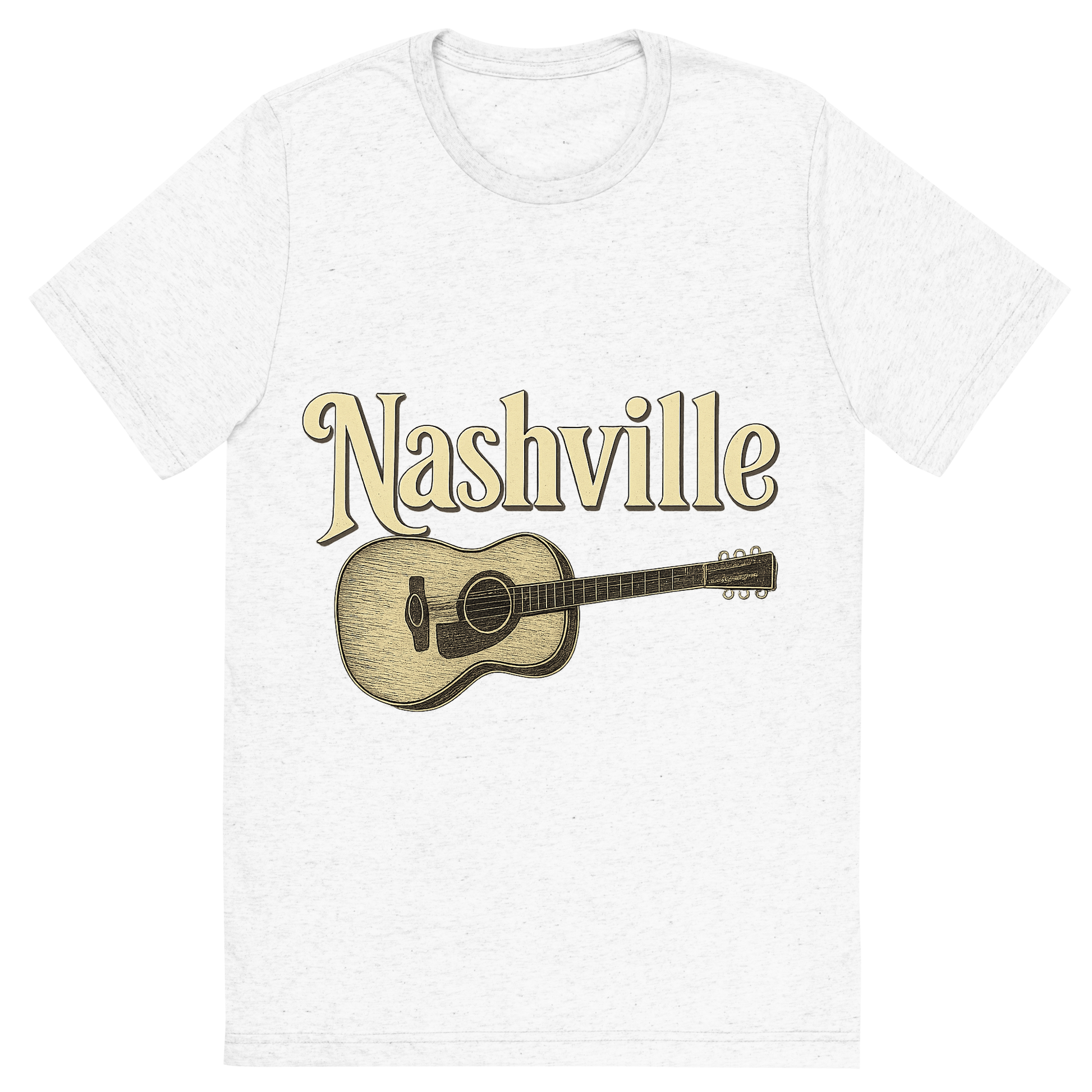 Front view of a Premium Tri-Blend Crew Neck T-Shirt in Solid White showing 'A typographic, nostalgic graphic of a typographic illustration of the words 'nashville' with a vintage line art drawing of a guitar'