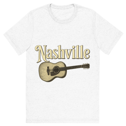 Front view of a Premium Tri-Blend Crew Neck T-Shirt in Solid White showing 'A typographic, nostalgic graphic of a typographic illustration of the words 'nashville' with a vintage line art drawing of a guitar'