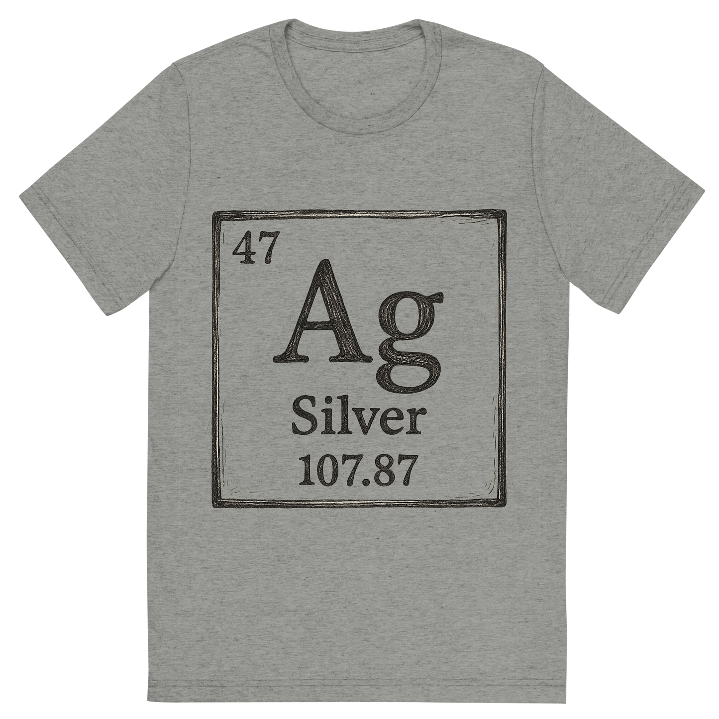 Front view of a Premium Tri-Blend Crew Neck T-Shirt in Athletic Grey showing 'A line art, nostalgic graphic of silver's entry on the periodic table, use a dark color for the lines and text'