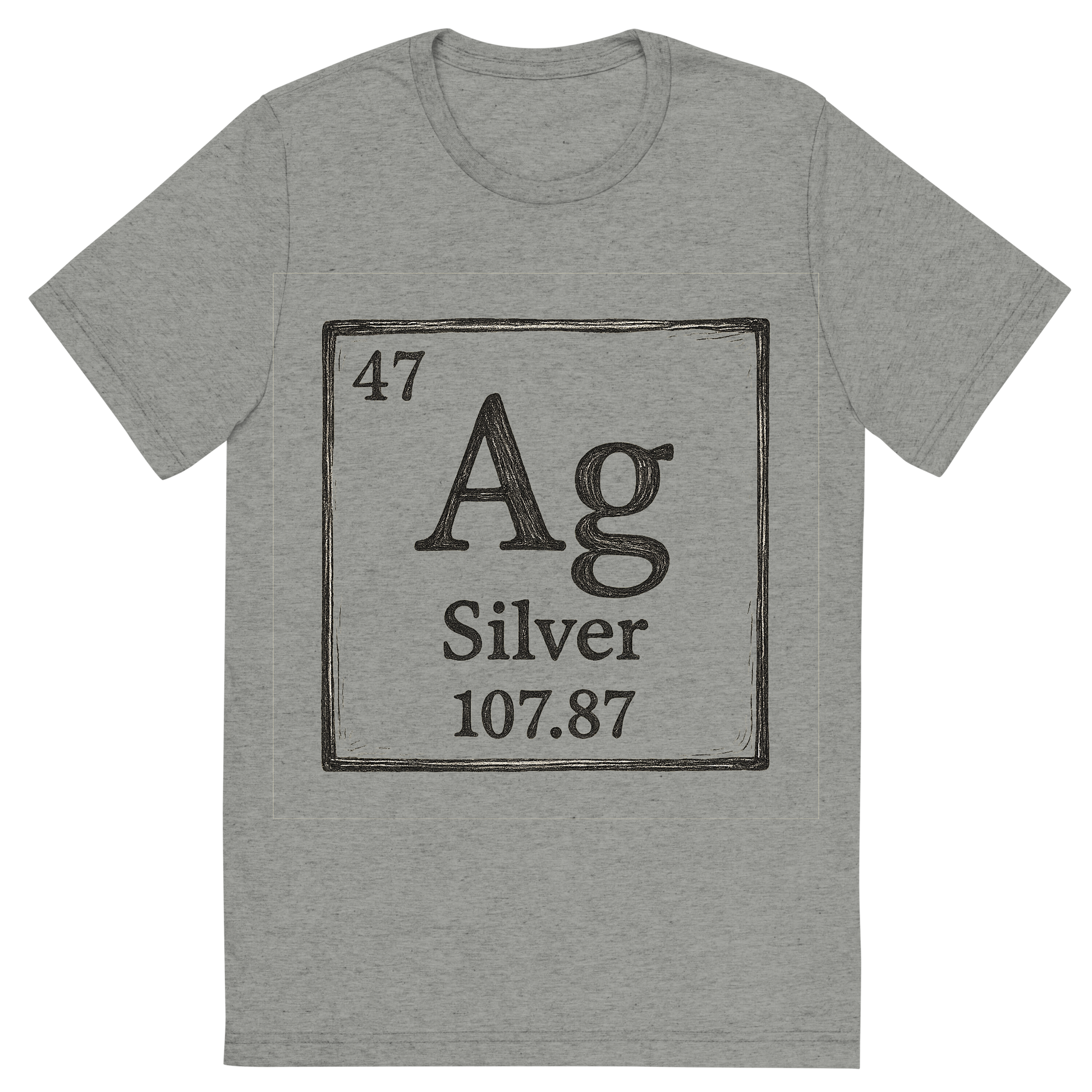 Front view of a Premium Tri-Blend Crew Neck T-Shirt in Athletic Grey showing 'A line art, nostalgic graphic of silver's entry on the periodic table, use a dark color for the lines and text'