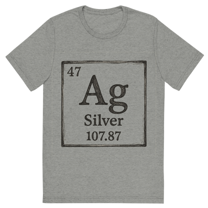 Front view of a Premium Tri-Blend Crew Neck T-Shirt in Athletic Grey showing 'A line art, nostalgic graphic of silver's entry on the periodic table, use a dark color for the lines and text'
