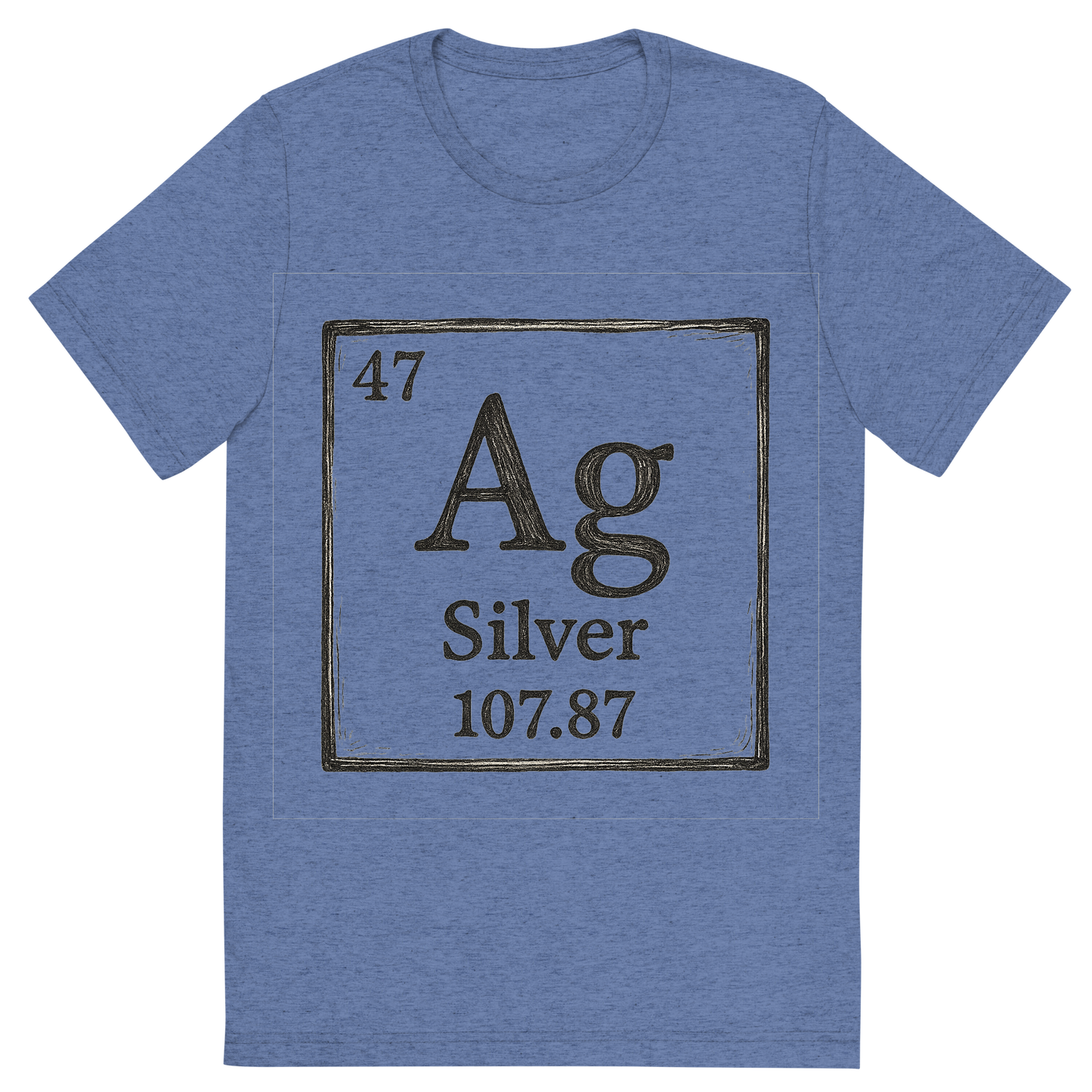 Front view of a Premium Tri-Blend Crew Neck T-Shirt in Blue showing 'A line art, nostalgic graphic of silver's entry on the periodic table, use a dark color for the lines and text'