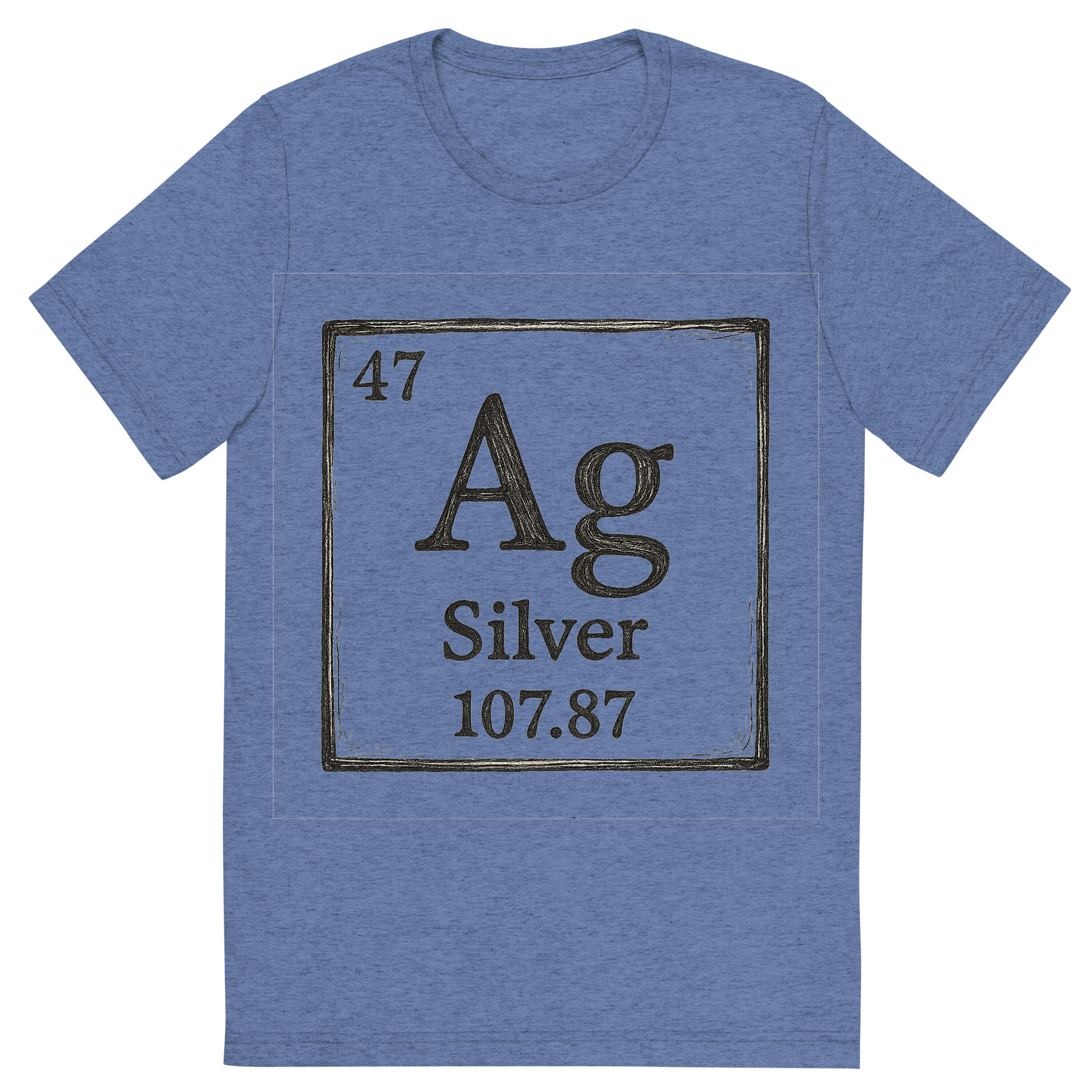 Front view of a Premium Tri-Blend Crew Neck T-Shirt in Blue showing 'A line art, nostalgic graphic of silver's entry on the periodic table, use a dark color for the lines and text'