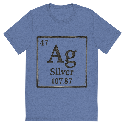 Front view of a Premium Tri-Blend Crew Neck T-Shirt in Blue showing 'A line art, nostalgic graphic of silver's entry on the periodic table, use a dark color for the lines and text'