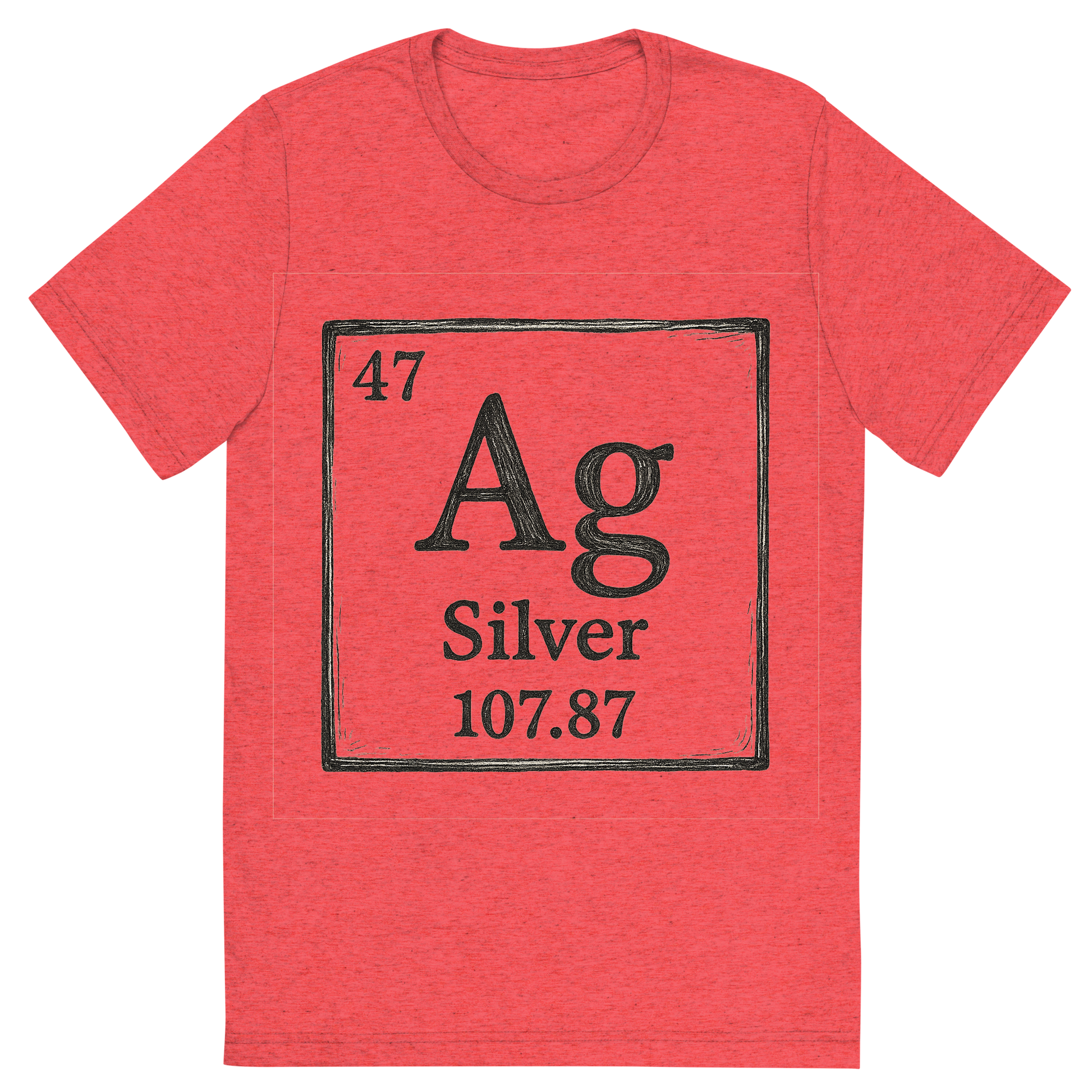 Front view of a Premium Tri-Blend Crew Neck T-Shirt in Red showing 'A line art, nostalgic graphic of silver's entry on the periodic table, use a dark color for the lines and text'