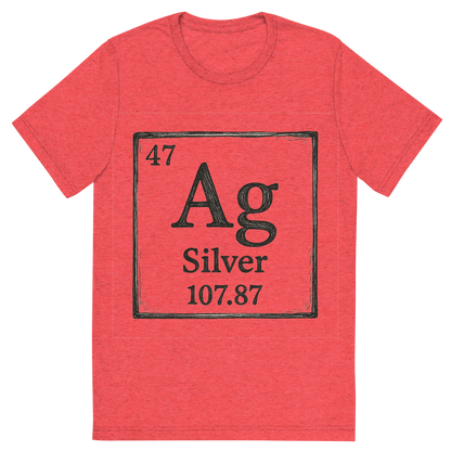 Front view of a Premium Tri-Blend Crew Neck T-Shirt in Red showing 'A line art, nostalgic graphic of silver's entry on the periodic table, use a dark color for the lines and text'
