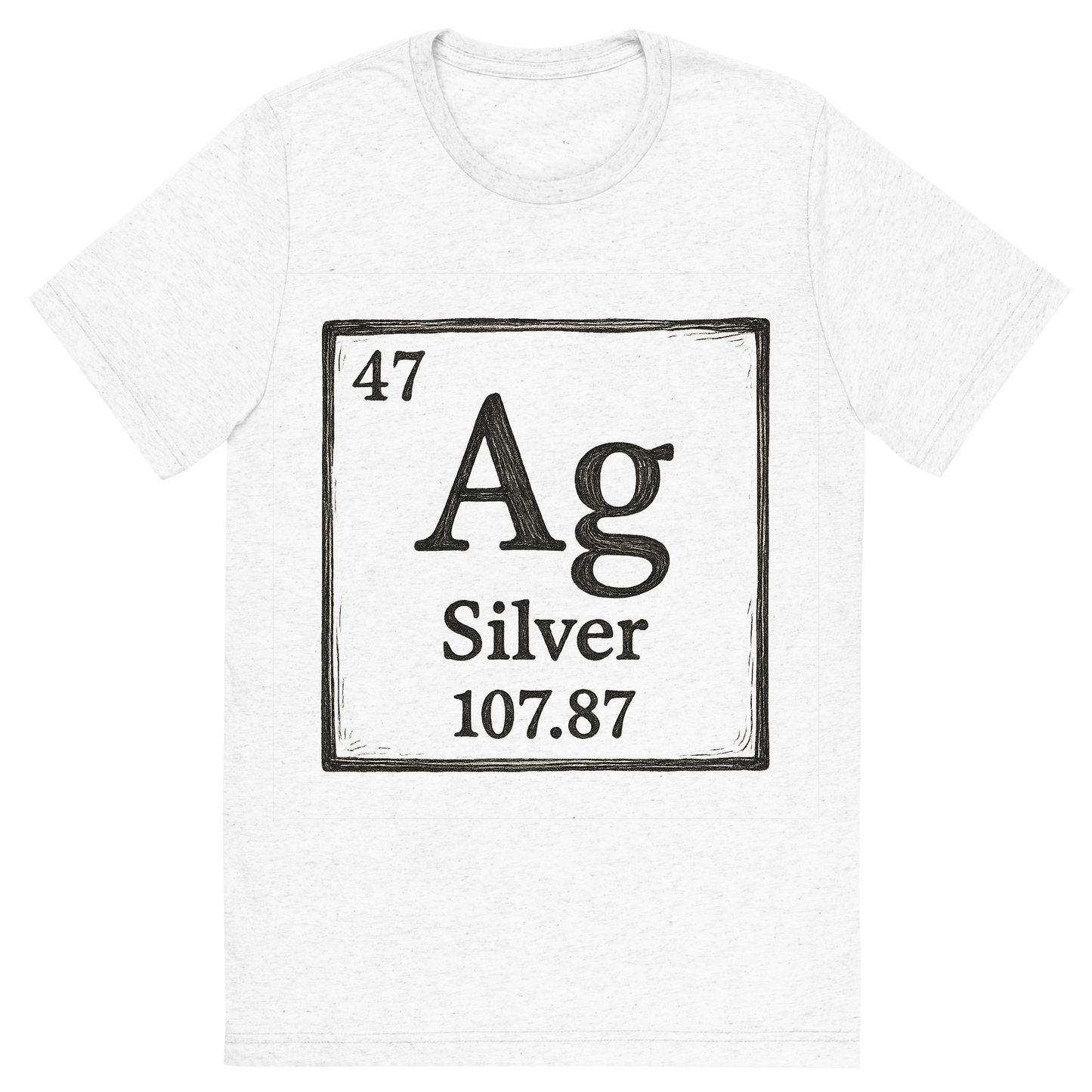 Front view of a Premium Tri-Blend Crew Neck T-Shirt in Solid White showing 'A line art, nostalgic graphic of silver's entry on the periodic table, use a dark color for the lines and text'