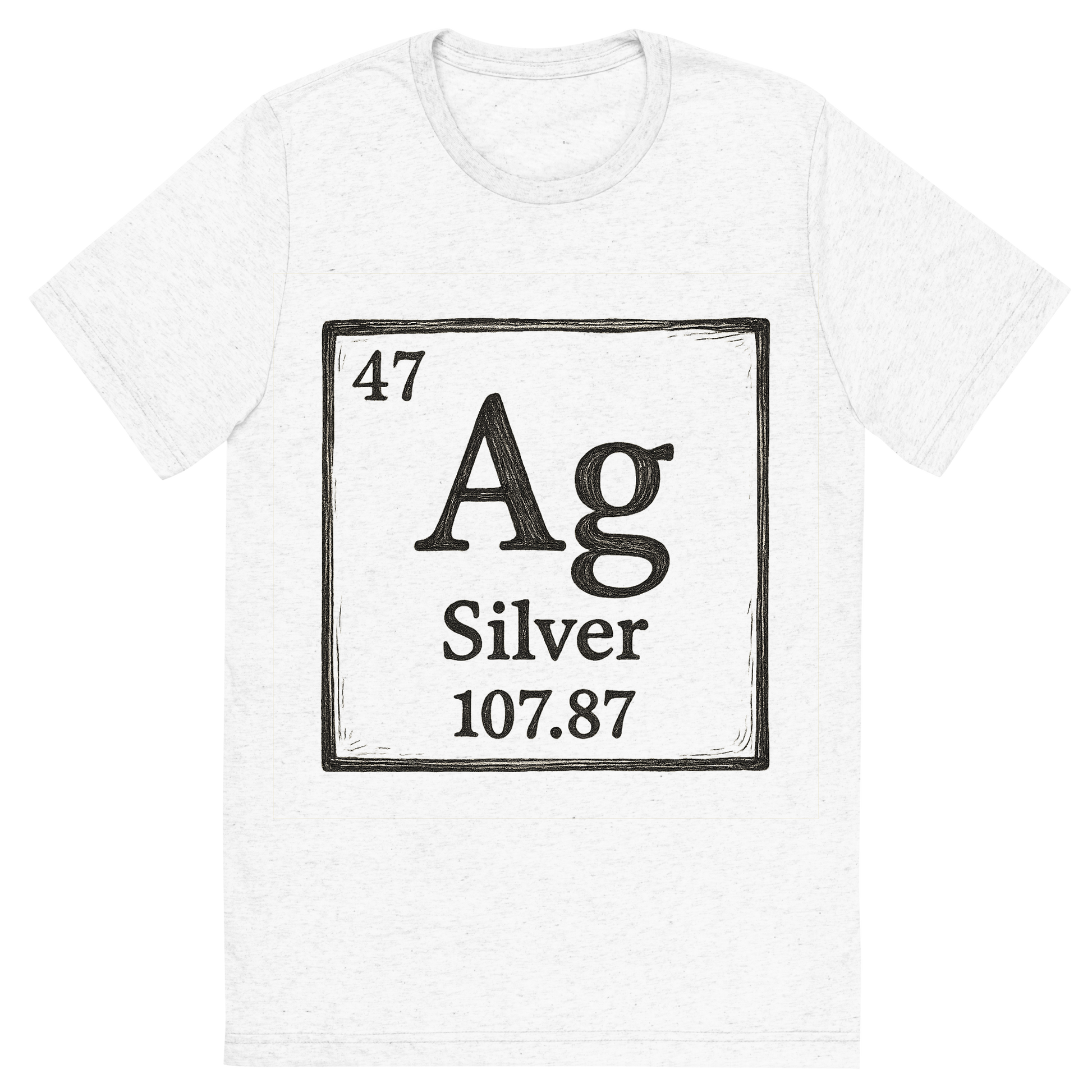 Front view of a Premium Tri-Blend Crew Neck T-Shirt in Solid White showing 'A line art, nostalgic graphic of silver's entry on the periodic table, use a dark color for the lines and text'