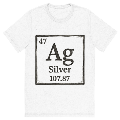 Front view of a Premium Tri-Blend Crew Neck T-Shirt in Solid White showing 'A line art, nostalgic graphic of silver's entry on the periodic table, use a dark color for the lines and text'